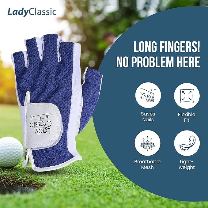 Mesh Half Golf Glove for Women – Premium Cabretta Leather Palm, Breathable Mesh Back, Half-Finger Design Ladies Golf Glove for Enhanced Grip & Comfort