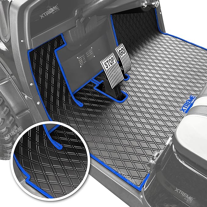 Xtreme Mats ICON Compatible, Full Coverage Golf Cart Floor Liner - Compatible with ICON Golf Carts (i20, i40) and Advanced EV (Gen1) - Blue Trim