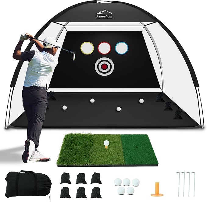 Golf Net, 10x7 Ft Golf Hitting Net with Tri-Turf Mat, Multi-Target Golf Practice Net for Outdoor/Indoor Chipping & Driving, Ideal Gift for Men/Dad/Husband/Golfers
