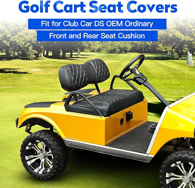 NOKINS 4PCS Golf Cart Diamond Seat Covers Kit, Front and Rear Seat Covers Fits Club Car DS 2000.5-Up Standard Seat Cushion, Club Car DS Vinyl Seat Covers Accessories(Black&Black Stitching)
