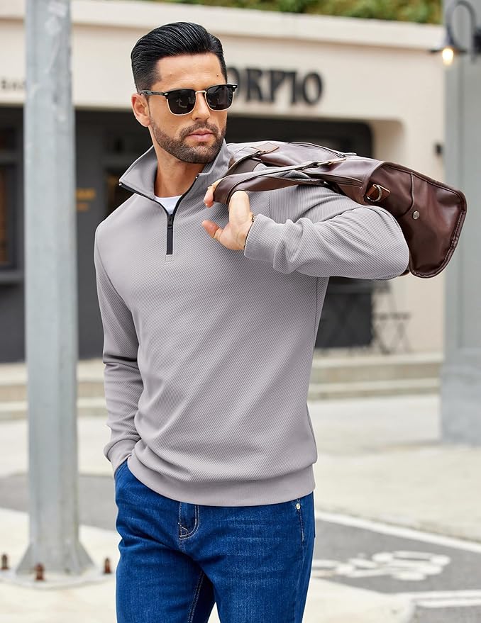 COOFANDY Mens Quarter Zip Pullover Sweatshirts Lightweight Long Sleeve Mock Neck Sweater Polo