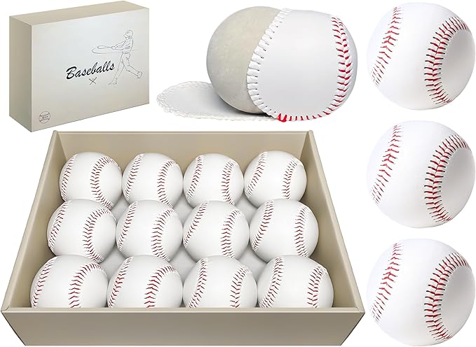 12 Pack Standard Size T-Ball Baseballs - Unmarked & Soft Practice Balls for League Play - Durable Synthetic Leather Cover - Rubber Filling - Perfect for Training, Hitting, Batting, Fielding