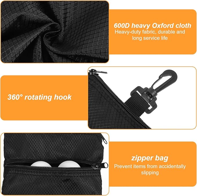 Golf Tee Bag Pouch Black Golf Ball Bag 8.07 X 6.69 Inch Golf Accessory Bag with 360° Swivel Clip