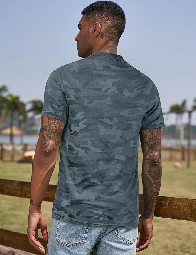 TAPULCO Mens Collarless Golf Shirts Short Sleeve Dry Fit Stretch Casual Breathable Lightweight Tshirts
