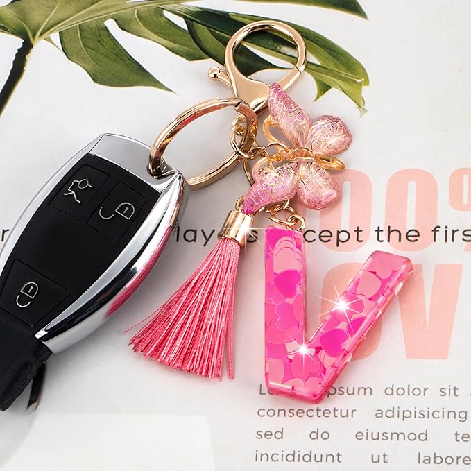 Suweibuke Colourful Cute Initial Letter Keychains for Women Girls with Tassel Butterfly, Charm for Purse Handbags Backpacks