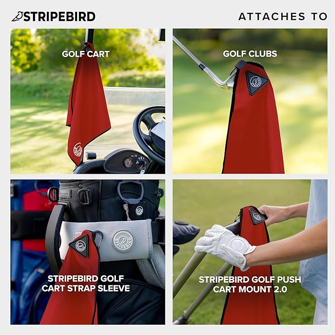 Stripebird - Magnetic Golf Towel (Red) - Microfiber Golf Towel with Built-in Ultra-Strong Neodymium Magnetic Towel - 18" x 18" Golf Bag Towel