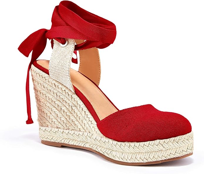 FISACE Womens Summer Espadrille Heel Platform Wedge Sandals Ankle Buckle Strap Closed Toe Shoes