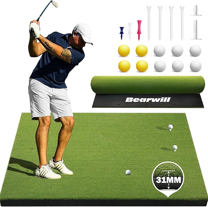 Bearwill Golf Mat 31mm, 5x4ft/5x5ft Golf Hitting Mats for Practice Outdoor Indoor, High-Elasticity Artificial Turf Mat for Garage Simulator Chipping Driving Training