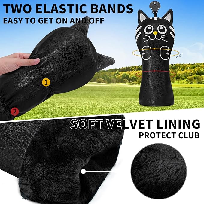 Golf Kitty Head Cover Golf Club White Leather Headcovers 1pc/4pcs Set Fits Driver Fairway Wood Hybrid Utility Putter Iron Wedge Headcover.