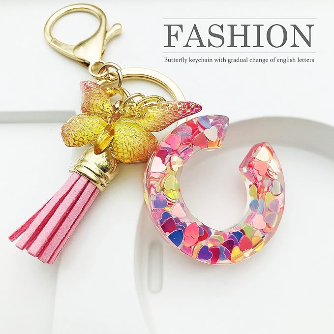 JINGUAZI Initial letter Keychains for Women Tassel Butterfly Pink Purple Cute Car Keychain for Wallet Backpack bag charm