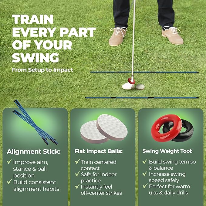 6-in-1 Golf Training Aid with Divot Board, Golf Grip Trainer, Swing Trainer, Alignment Sticks | Golf Accessories for Men & Women | Hitting Mat Practice Indoor & Outdoor