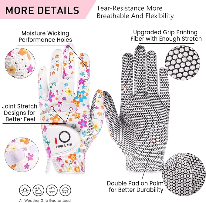 FINGER TEN Non Slip Golf Gloves Women 2 Pack for Left Right Handed Golfers, All Weather Grip & Comfortable Glove for Serious Performance, Fit Size Medium Small Large