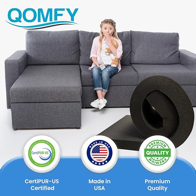 QOMFY 3" Height x 18" Width x 24" Length Charcoal Upholstery Foam Sheet | Made in USA | Multi-Purpose Foam for Upholstery, DIY, Packaging & Acoustic Projects