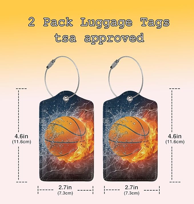 TSA Approved Luggage Tags for Suitcases Basketball Water and Fire 2 Pack Funny Leather Carnival Cruise Airport Cute Travel Name Tags Golf Bag tag Ships Essentials Privacy Cover ID Label for Women Men