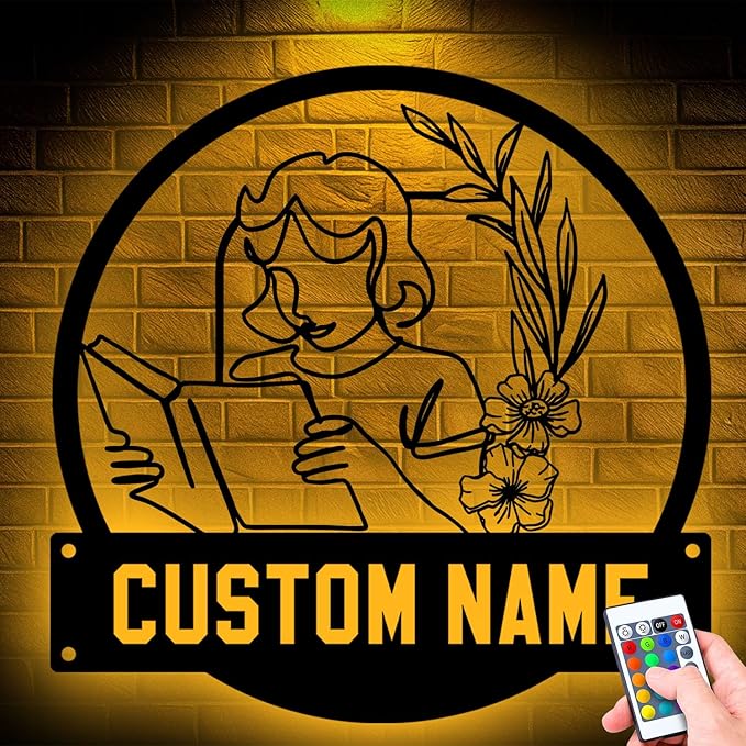 Custom Floral Women Reading a Book Metal Sign, Unique LED Home Decor Wall Art, Personalized Gift for Book Lovers, Elegant Hanging Decoration for Library, Living Room, or Bedroom