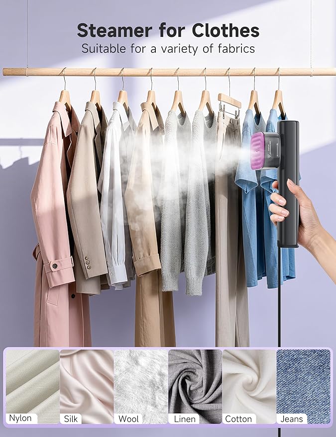 Steamer for Clothes,1200W Powerful Portable Steamer Iron,15s Fast Heat-up,100ml Tank,20 Min Continuous Steam, Wrinkle Remover for Travel, Home, Office(Purple)
