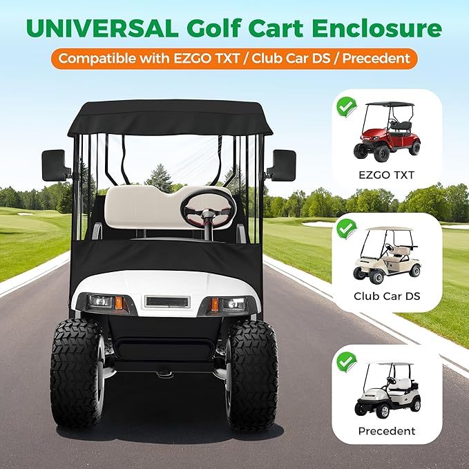 10L0L Universal Golf Cart Enclosure Compatible with EZGO and Club Car Models, 2-Passenger Golf Cart Waterproof 420D Material Windproof Transparent on 2 Sides