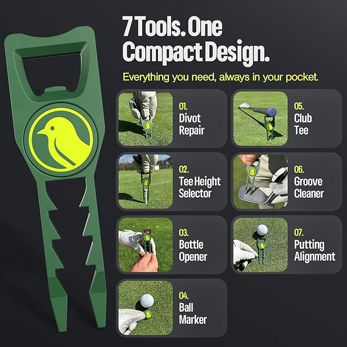 7-in-1 Metal Golf Divot Tool with Magnetic Ball Marker - Tee Height Setter, Bottle Opener, Groove Cleaner, Putting Alignment, Club Tee - Durable Green Accessory Gift for Men & Women