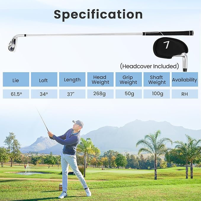 Tangkula #7 Iron Single Golf Club for Men, Individual Golf Iron with Steel Shaft and Head Cover for Right Handed Golfers, Training Golf Iron for Beginners, 37 Inch