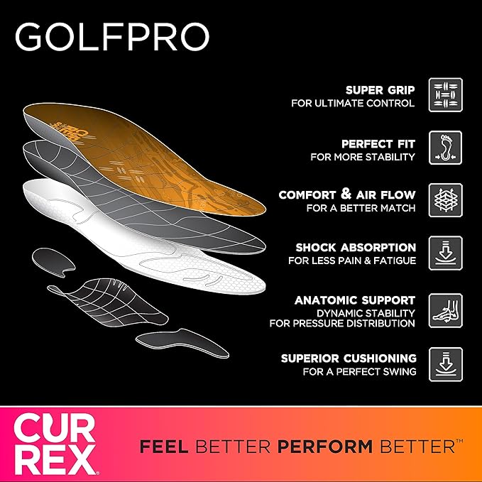 CURREX GolfPro Insoles for Golf Shoes – Arch Support Inserts to Improve Balance, Stability, Comfort & Performance, Help with Foot & Heel Pain Relief – for Men & Women – High Arch, Large