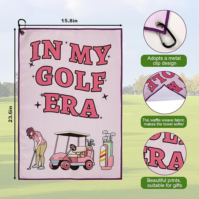 TUYUU Women Pink Golf Towel,Funny Towels for Golfer Bags with Clip,Mother Day Retirement Birthday Gifts for Ladies Grandma Mom Sister Aunt Golfer Sport Lover,Printed in My Golf Era