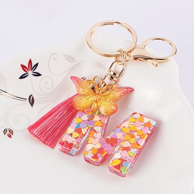 Suweibuke Colourful Cute Initial Letter Keychains for Women Girls with Tassel Butterfly, Charm for Purse Handbags Backpacks