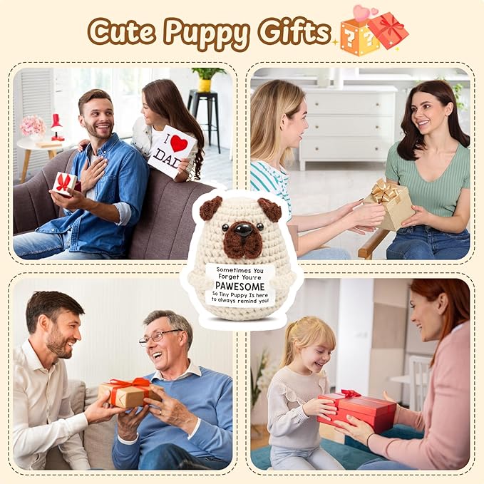 Mini Positive Crochet Dog，Funny Emotional Support Crochet Stuffed Gifts Cute Crochet Animals with Positive Messages Emotional Support Crochet Animals Handmade Crochet Puppy Inspirational Crochet Gift