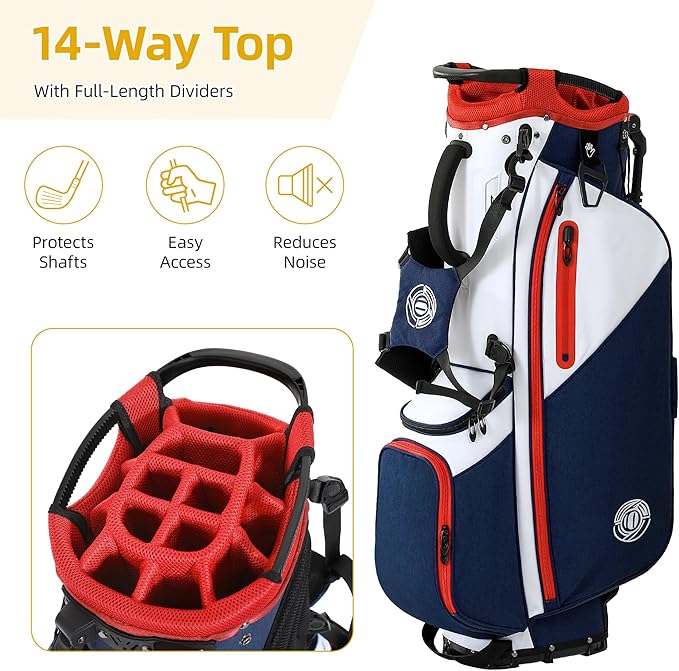 Golf Stand Bag 14 Way, Lightweight Golf Bags for Men Women with Stand, Padded Ergonomic Double Strap, Full Length Dividers, Multiple Pockets, Rain Hood