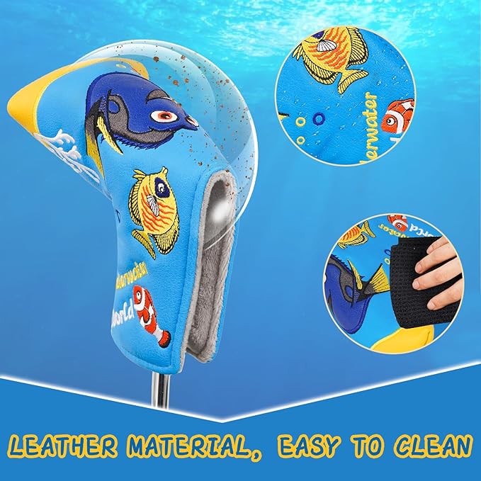 Golf Club Head Covers, Underwater World Driver Headcover Hybrid Headcover Fairway Wood Head Covers Magnetic Blade Putter Cover with Interchangeable Tags for All Brand