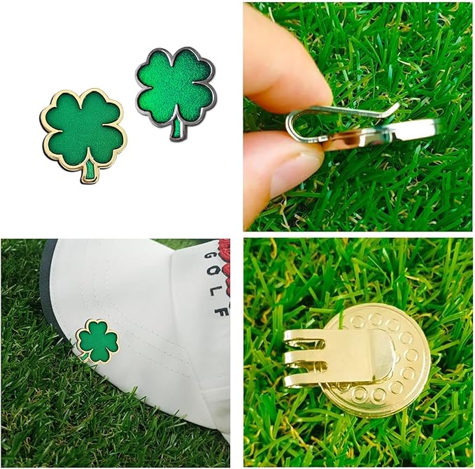 2 Pcs Clover Golf Ball Markers with Golf Ball Marker Hat Clip (Four Leaf Clover)