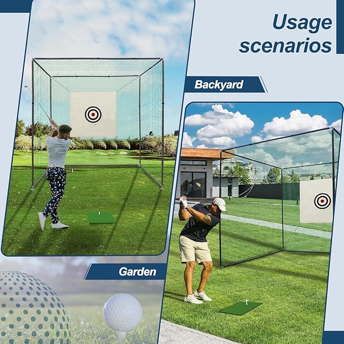 10x10x10 FT Golf Practice Hitting Net Cage with Metal Frame & Target - Indoor Outdoor Portable Training Net for Driving Chipping - Includes Mat & Accessories