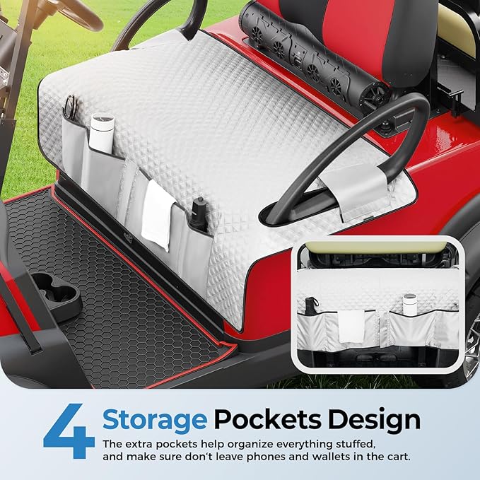 Tecoom Golf Cart Seat Covers, Universal Golf Cart Seat Towel Blanket with Armrest Strap 4 Pockets Non-Slip Bottom, Fits Club Car, EZGO, Yamaha, and More Front Seats, Protect Seats from Pet-Scratch Sun