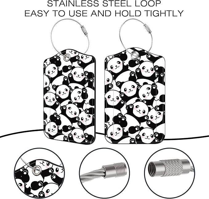 2 Pack Luggage Tags for Suitcase,Cute Panda PU Leather Luggage Tags with Privacy Cover Name Address Labels and Steel Ring,Creative Travel Accessories for Men and Women