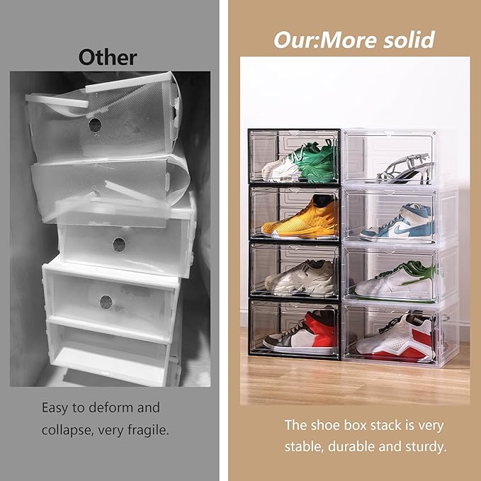 Attelite Shoe Box, Upgraded Large Clear Shoe Storage Box Stackable, 8 Pack Thicken Plastic Shoe Containers, Drop Front Large Magnetic Door,Shoe Storage Organizer for Display Sneakers