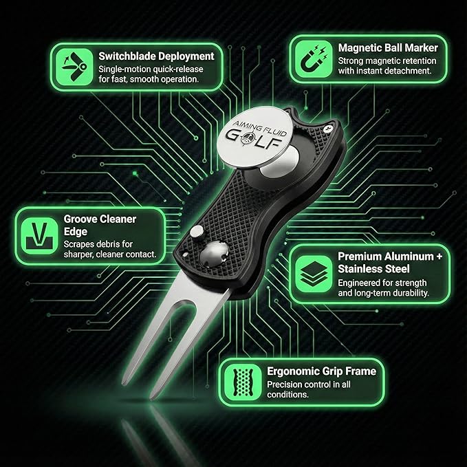 Golf Divot Repair Tool — 5-in-1 Golfing Ball Marker, Pitch Mark Repair, Putting Alignment, Club Tee, and Groove Cleaner, Accessory Metal Switchblade Design - Ideal Gift for Golfers