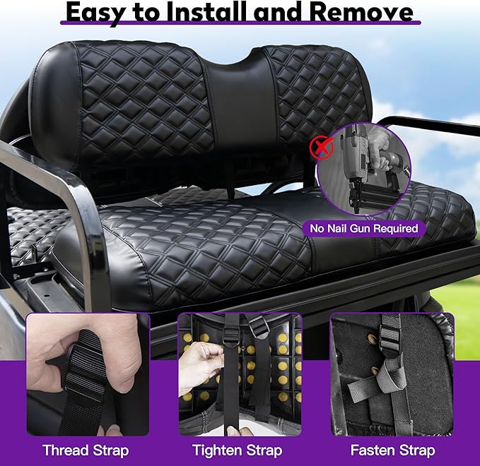Club Car Precedent seat Cover，Fit forClub Car Precedent，Vinyl seat Cover, Diamond Texture, Easy to Install Golf cart Accessories, no Staples Required（Black&Black Stitch）
