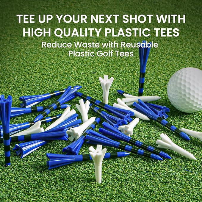 FINGER TEN Unbreakable Golf Tees Plastic 80 3 1/4" or 2 3/4" Driver Tees with 20 1 1/2" Iron Tees Assorted Pack, Low Resistance & Consistent Height Long Short Tees with Bright Colors