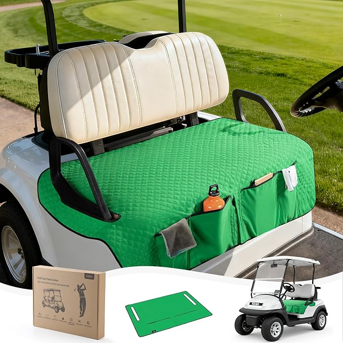 Golf Cart Seat Covers,Golf Cart Seat Towel Blanket with 4 Front Pockets & Nonskid Bottom Fits for EZGO, Yamaha, Club Car and More 2 Person Seats Golf Carts (Christmas Green, Ezgo)