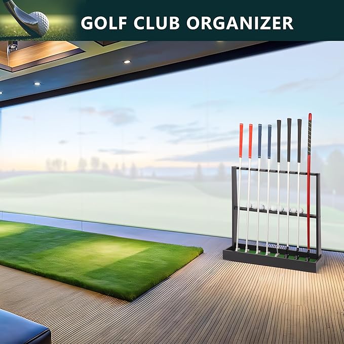 Golf Putter Stand, Golf Club Holder Stand Floor Display Rack - Holds 8 Clubs & 12 Balls with Artificial Grass Base, Wood Outdoor Golf Club Organizer for Indoor, Home, Office, Golf Club, Black