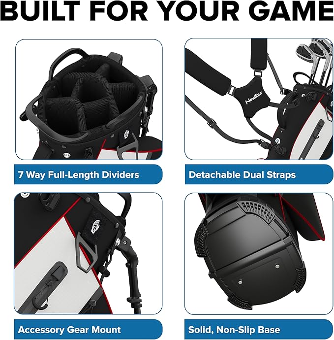 Golf Stand Bag - Lightweight Golf Bag with Stand and 7 Way Dividers, Dual Strap, Waterproof Pocket, Insulated Sleeve, Easy-Lift Handles and Swing-Cam Holder