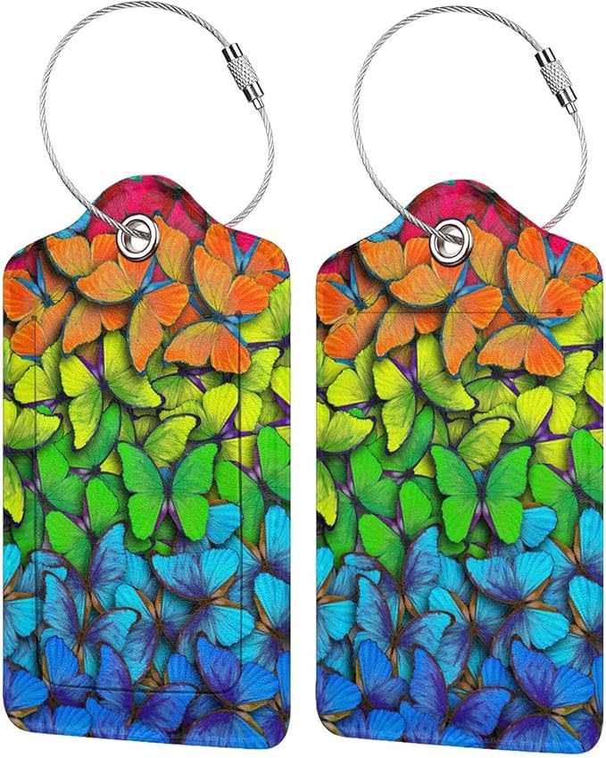 2 Pack Colourful Butterflies Luggage Tags for Suitcases, Cool Leather Luggage Tag for Travel, Bag Tag Privacy Name ID Card Bag Labels for Friends Adults Kids Tourists