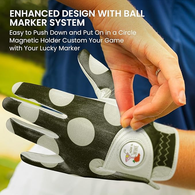 Ladies Golf Gloves Women Right Handed Golfer Left Hand Value 2 Pack with Ball Marker Leather All Weather Grip Breathable Soft Gift Set