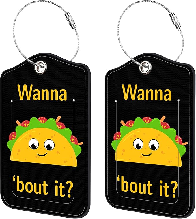 2 Pack Luggage Tags for Suitcase,Mexican Taco PU Leather Luggage Tags with Privacy Cover Name Address Labels and Steel Ring,Creative Travel Accessories for Men and Women