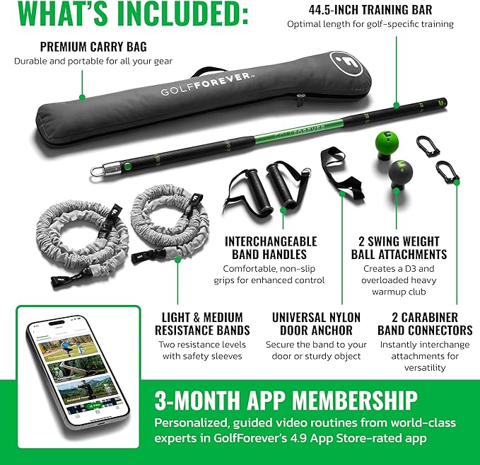 GolfForever Swing Trainer + 3-Month App Membership – Golf Exercise & Pain Relief Video Routines – Improve Flexibility, Gain Distance, Build Strength & Reduce Golf-Related Pain