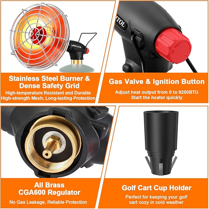 Golf Cart Heater, 9200 BTU Portable Propane Heater with Golf Cart Cup Holder & Adjustable Flame, for EZGO, Yamaha, Club Car, Most Golf Carts(Fuel Cylinder Not Included)