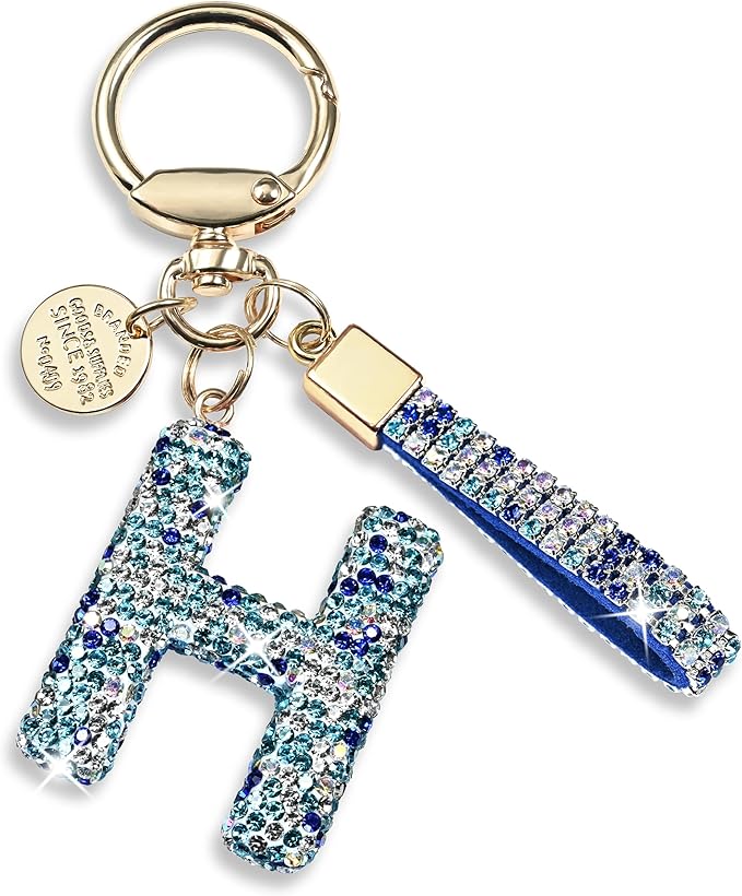 Pink Blue White Initial Letter Keychain Gift for Women Girls Bling Sparkly Cute Backpack Car Key Accessories Lanyard