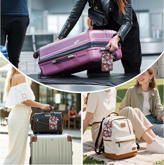 3 Pack Skull Flowers Luggage Tags for Suitcase PU Leather Travel Luggage Tag Privacy Cover ID Label for Women Men Baggage Backpack Handbag School Bag