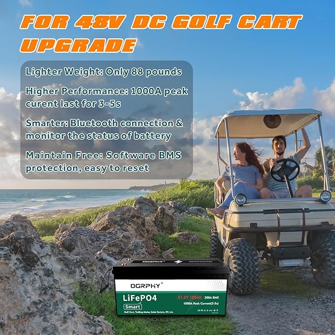 48 Volt Lithium Battery for Golf Cart with 18A Charger, 48V Lithium Battery with 200A BMS, LCD & Mobile Monitor, 5.12kWh with 10.24kW Output, 1000A Peak Current for Golf Cart(100AH)