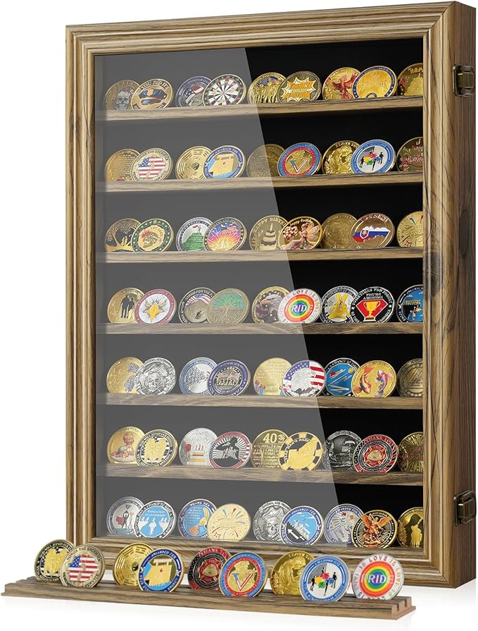7 Rows Military Challenge Coin Holder Display Case with HD Tempered Glass - Holds 100 Coins, Medal Display Cabinet, Shadow Box for Casino Poker Chips, Removable 2-Groove Shelves, Rustic Wood