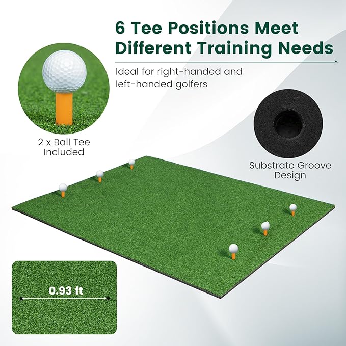 Goplus Golf Mat, 5x3ft/5x4ft Golf Hitting Mat 20/25/27/32mm Thick w/2 Alignment Sticks & 2 Golf Tees, Portable Artificial Turf Grass Training Mat Practice for Indoor Outdoor